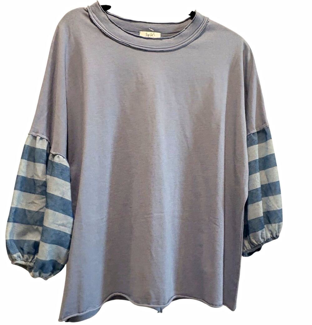 Sage Vell Boutique Blue Balloon 3/4 Stripe Sleeve Crew Relaxed Blouse Top XL